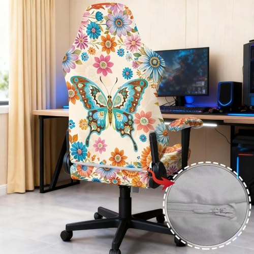 Suobstales Boho Mandala Butterfly Pattern Gaming Chair Cover, Stretch 4 Set Ergonomic Office Computer Game Chair Slipcovers with Armrest Covers/Back Covers/Seat Cover for Reclining Racing Gaming Chair - color: Boho Mandala Butterfly