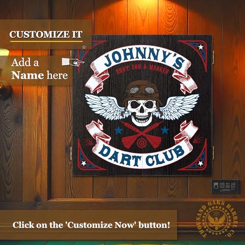 Personalized Dart Board Cabinet Set with 6 Steel Tip Darts, Paper Dartboard, Chalk & Eraser (21.5 x 21.5 x 2.75) - Man Cave Dart Boards for Adults - style: Dart Room Skull Biker