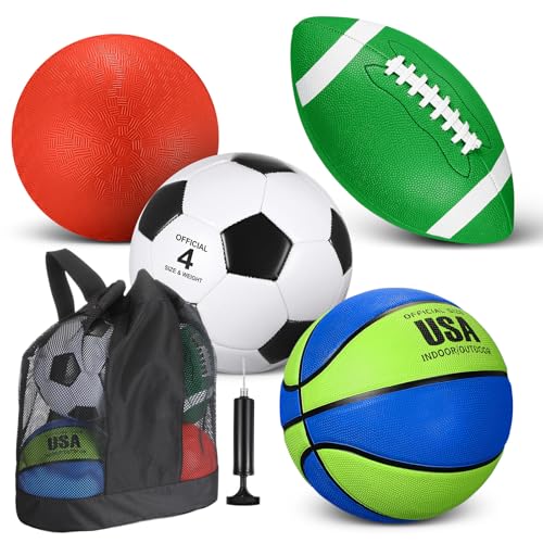 Deekin 4 Pcs Sport Balls Set for Kids Teens, Include Official Size Basketball Soccer Football Playground Ball and Pump Sports Equipment Bag Sports Gift(Navy Blue, Green) - color: Navy Blue, Green