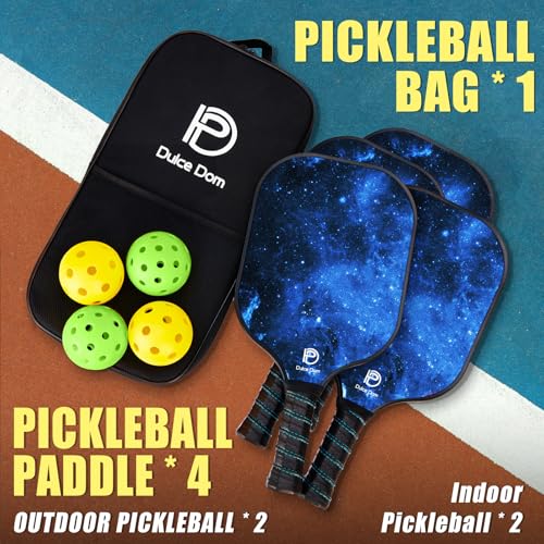 Dulce DOM Pickleball Paddles Set of 2/4 - USAPA Approved, 4 Indoor Outdoor Pickleball Balls, Fiberglass Surface Paddle Racket with Cover Bag, Ideal Training Equipment Gift for Men & Women - color: Blue*4