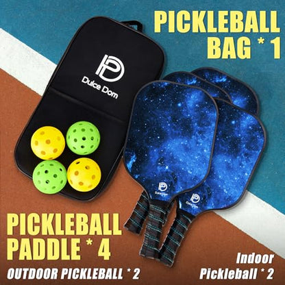 Dulce DOM Pickleball Paddles Set of 2/4 - USAPA Approved, 4 Indoor Outdoor Pickleball Balls, Fiberglass Surface Paddle Racket with Cover Bag, Ideal Training Equipment Gift for Men & Women - color: Blue*4