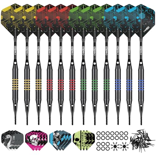 CyeeLife Soft Tip Darts Set - 12 Pack Professional Darts with 4 Colored Barrels, 24 Dart Flights, 50 Extra 2BA Tips for Electronic Dartboard - Perfect for Home, Pub & Party Games