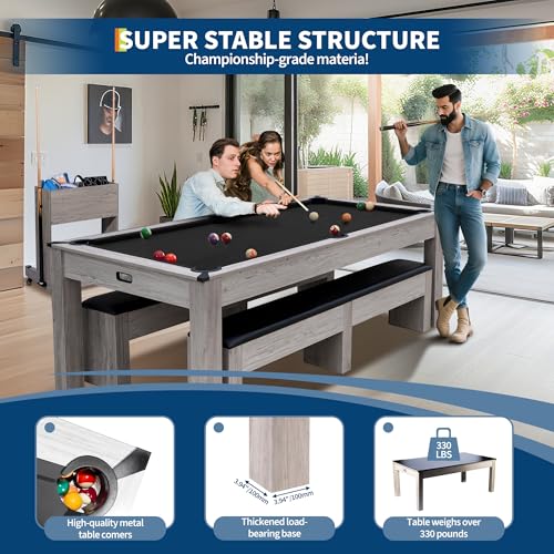 7FT 3-in-1 Convertible Pool Table for Home & Game Rooms – Billiard, Dining, and Table Tennis Combo – Includes Cue Sticks, Balls, Table Tennis Accessories, and Rolling Storage Cart – - color: Black