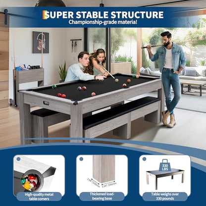 7FT 3-in-1 Convertible Pool Table for Home & Game Rooms – Billiard, Dining, and Table Tennis Combo – Includes Cue Sticks, Balls, Table Tennis Accessories, and Rolling Storage Cart – - color: Black