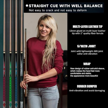 Pool Sticks Set of 4 and Pool Sticks Set of 2 with 13mm Cue Tip 58" Pool Cue with Rubber Anti-Skid Sleeve - color: POOL CUES SET OF 2