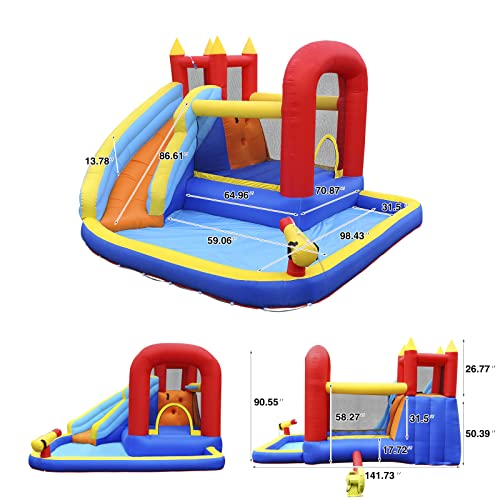 JOYLDIAS Inflatable Water Slide Bounce House,Slide Bouncer Castle Playhouse w/Splash Pool,Jump Area, Climbing Wall,Basketball Hoop,450W Air Blower for Kids Backyard Indoor Outdoor Use,Free Water Gun - color: 5 in 1