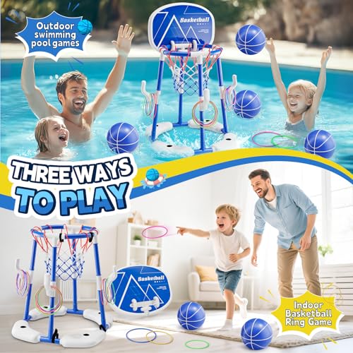 Pool Basketball Hoop for Kids Ages 4-8 & 8-12, 2-in-1 Floating Game Set with Backboard, Water-Fillable Base, 4 Balls, Pump & 12 Rings, Pool Games Backyard Swimming Pool Toys for Family Fun (Blue) - color: Green