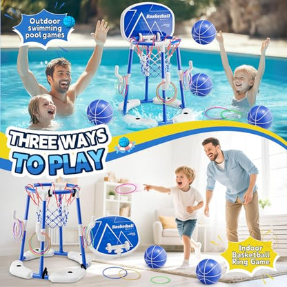 Pool Basketball Hoop for Kids Ages 4-8 & 8-12, 2-in-1 Floating Game Set with Backboard, Water-Fillable Base, 4 Balls, Pump & 12 Rings, Pool Games Backyard Swimming Pool Toys for Family Fun (Blue) - color: Green
