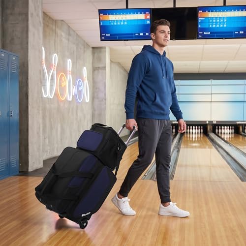 Bowling Roller Bag with Wheels, Rolling Bowling Ball Bag with Shoe Compartment, Retractable Handle, EVA Dividers - color: Blue, size: Bowling Bag Set