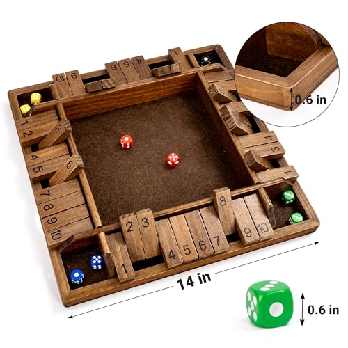 ropoda 14 Inches 4-Way Shut The Box Game (2-4 Players) for Kids & Adults (4 Sided Large Shut the Board Game Wooden, 8 Dice) – Vintage Style,Close the Box Game,dice Game