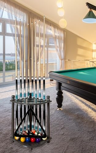 Pool Cue Rack Hold up to 8 Sticks & Billiard Accessories. Floor Stand Pool Cue Stick Holder Made of 100% Solid Hardwood.(GREY) - color: GREY