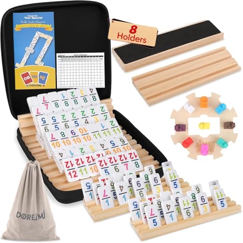 Doreimi Mexican Train Dominoes Set with Numbers and 8 Wooden Holders, Double 12 Dominos Set for Kids, Adults Travel Domino Train with 91 Tiles and Upgrated Hub, Classic Board Games for Family Night - style: Number+8 Racks+Wooden Hub