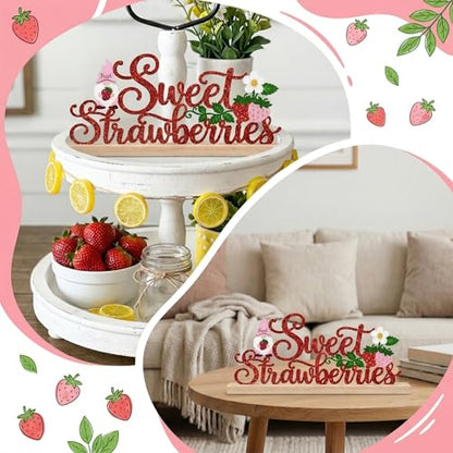 Sweet Strawberries Summer Table Decorations Red Strawberries Metal Table Sign with Wooden Base Cute Summer Tiered Tray Decor Strawberry Tabletop Centerpiece for Kitchen Home Party Centerpieces - style: Sweet Strawberries