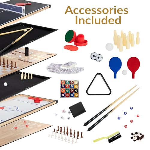 Sunnydaze 10-in-1 Game Table - Combination Multi-Game Table with Billiards, Push Hockey, Foosball, Ping Pong, Chess, Checkers, Backgammon, Bowling, Shuffleboard, Card Games - Classic Wood Stain