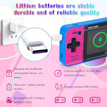 Handheld Game for Kids ，Built-in 220 32-bit Video Games, 3.0” IPS Screen, Rechargeable Portable Game , Travel Mini Arcade Electronic Toys Gift for Boys and Girls(Blue+Pink) - color: Blue+pink