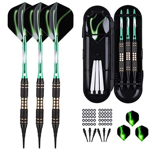 Soft tip Darts Set 18/20 Grams - Professional Darts Plastic Tip with Brass Barrel + Aluminum Shafts + 50 Rubber o-Ring + 6 Flights +50 Soft Tips for Electronic Dartboard - color: 18g-GREEN