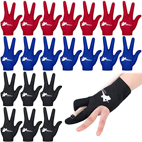 Giegxin 20 Pcs Billiard Pool Gloves Three Fingers Billiard Shooters Gloves Snooker Left and Right Hand Universal Cue Sports Accessories for Women Men - color: Red, Black, Blue