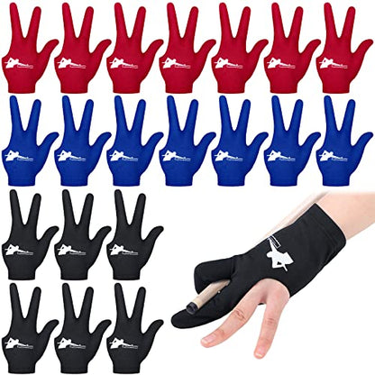 Giegxin 20 Pcs Billiard Pool Gloves Three Fingers Billiard Shooters Gloves Snooker Left and Right Hand Universal Cue Sports Accessories for Women Men - color: Red, Black, Blue