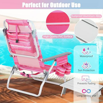 Tangkula Backpack Beach Chair with Table, 5-Position Lay Flat Beach Chairs with Cooler Bag, 2 Cup Holders, Towel Bar, Lightweight Low Folding Beach Chair with Backpack Straps - color: Pink Stripe, style: 2 Pack with Table