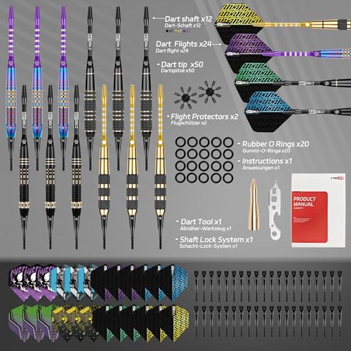 CyeeLife Darts Plastic Tip, Professional Soft Tip Darts Set for Electronic Dartboard 12pcs with 50 Extra Tips 12 Shafts 24 Flights 2 Flight Protctors 20 Rubber O Rings Shaft Lock System and Dart Tool