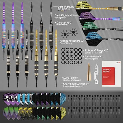 CyeeLife Darts Plastic Tip, Professional Soft Tip Darts Set for Electronic Dartboard 12pcs with 50 Extra Tips 12 Shafts 24 Flights 2 Flight Protctors 20 Rubber O Rings Shaft Lock System and Dart Tool