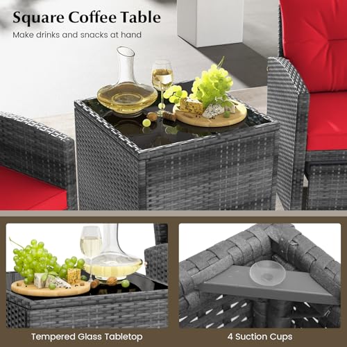 Tangkula 5 Pieces Patio Conversation Set, PE Wicker Rattan Outdoor Furniture Set with 2 Chairs, 2 Ottomans & Tempered Glass Coffee Table, Ideal for Poolside, Backyard, Lawn, Deck, Mix Grey & Red - color: Mix Grey & Red