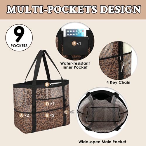 GYEUKHAM Mesh Beach Bag for Women, Sand-Resistant Pool Tote, 9 Pockets (1 Inner Zip), Foldable Family Travel Essentials - color: L-leopard