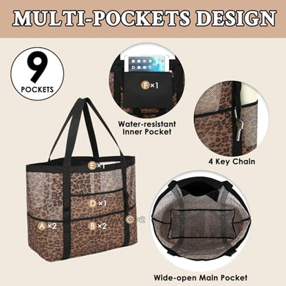 GYEUKHAM Mesh Beach Bag for Women, Sand-Resistant Pool Tote, 9 Pockets (1 Inner Zip), Foldable Family Travel Essentials - color: L-leopard