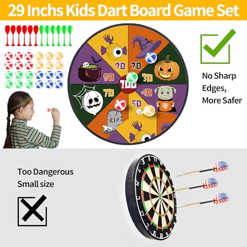29" Large Dart Board for Kids,with 24 Sticky Balls+12 Sticky Darts,Indoor/Sport Outdoor Fun Party Play Game Toys,Birthday for 3 4 5 6 7 8 9 10 11 12 Year Old Boys Christmas Girls - style: 29in-2in1-2in1-100 Scores Halloween Target With 24 balls 12 darts