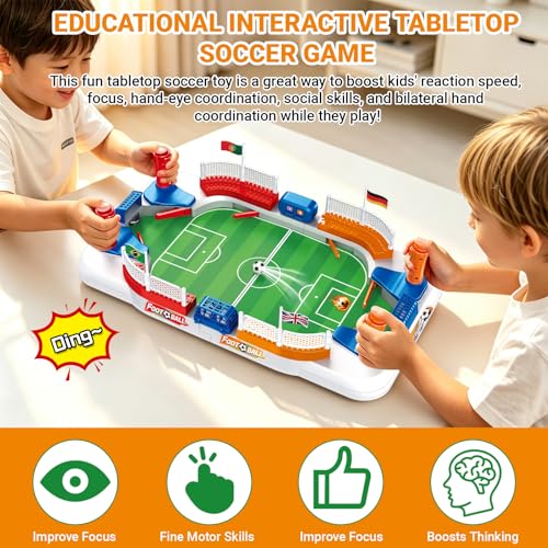 Tabletop Soccer Game for Kids, Mini Foosball Desktop Soccer Shootout Game with Dual Controls, Sound Effects & Scoreboard, Interactive 2-Player Family Game, Educational Toy for Boys Girls