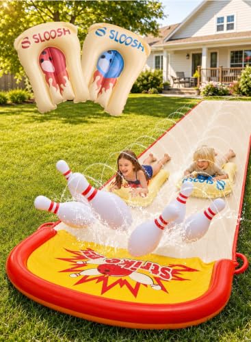 Sloosh 20FT Lawn Water Slide Bowling Game Set,Water Slides and 2 Bodyboards Summer Slip Waterslide Toy with Build in Sprinkler for Backyard Outdoor Fun for Kids