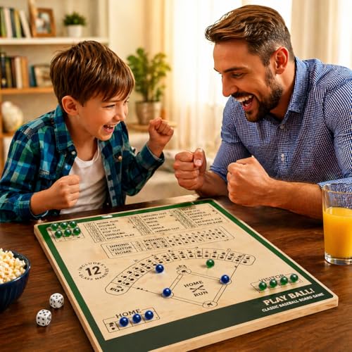 Classic Baseball Board Activity, Two Player Tabletop Dice Play Set with Wooden Surface Plus Marble Scoring, Indoor Family Gathering Entertainment for Children Ages 8-12, Teens, Adults