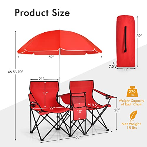 LDAILY LUARANE Folding Double Camping Chair, Outdoor Picnic Chairs w/Removable Umbrella, Mini Table, Cup Holder & Carrying Bag, Portable Camping Loveseat for Patio, Pool, Lawn, Beach, Park (Red) - color: Red