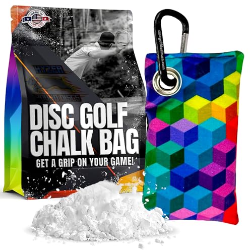 HYZER HOUND DISCS Disc Golf Chalk Bag | Dry Your Hands in the Heat of Summer | Attaches to Bag with a Carabiner | Improve Your Hand Grip for Consistency | Essential Disc Golf Accessories | Chalk - color: Rainbow Cubes