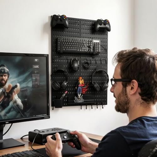 Gaming Pegboard Organizer Wall Mounted 4 Pack - Controller Holder Headset Stand Keyboard Storage - Black Pegboard with 15 Hooks for Gaming Room Setup