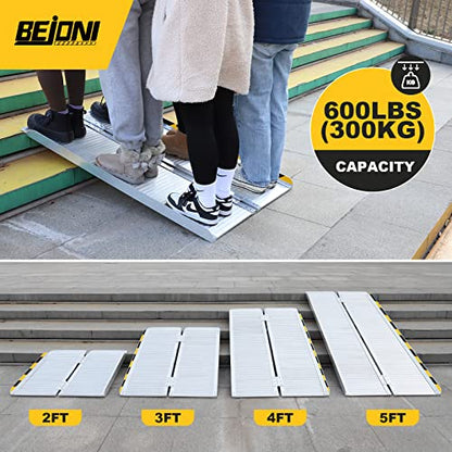 BEJONI 4FT Portable Wheelchair Ramp with Handle, 28'' Wide, Sliver | Aluminum Folding Handicap Ramp, 600 Lbs Capacity Non-Skid Wheelchairs for Home Steps, Thresholds, Doorways, Front Porch - size: 4FT x 28'' W