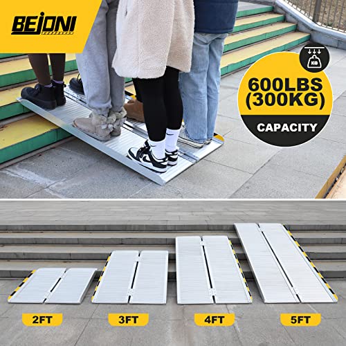 BEJONI 5FT Portable Wheelchair Ramp with Handle, 28'' Wide, Sliver | Aluminum Folding Handicap Ramp, 600 Lbs Capacity Non-Skid Wheelchairs for Home Steps, Thresholds, Doorways, Front Porch - size: 5FT x 28'' W