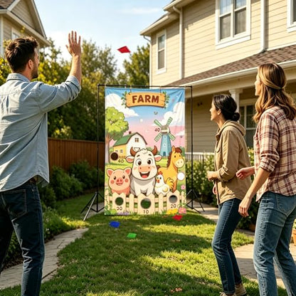 Farm Animals Toss Game Birthday Party Supplies Bean Bag Toss Game for Adults, Washable Heavy Duty Outdoor Indoor Throwing Theme Party Game Banner with 3 Bean Bags and 19.6ft String