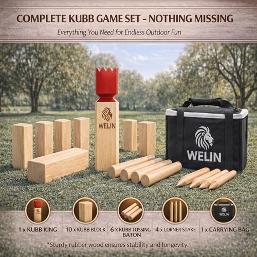 WELIN Kubb Game Set – Professional Size Viking Chess Outdoor Yard Game, Solid Rubber Wood Backyard Tossing Game with Carrying Case for Beach, Party & Family Fun