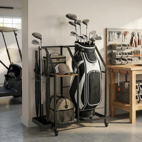 Golf Storage Organizer for Garage,Golf Bag Storage Rack | Smooth Rolling Wheels, Multi Storage Zones, Holds Golf Bags & Clubs, Heavy-Duty Frame, Space-Saving Garage Organizer