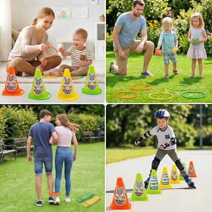 4-in-1 Plastic Carnival Party Games Set,Includes Ring Toss Games, Bean Bag Toss Games, Cones & 3-Legged Race Games, Sports & Outdoor Game Toys for Backyard, Birthday & Family Party