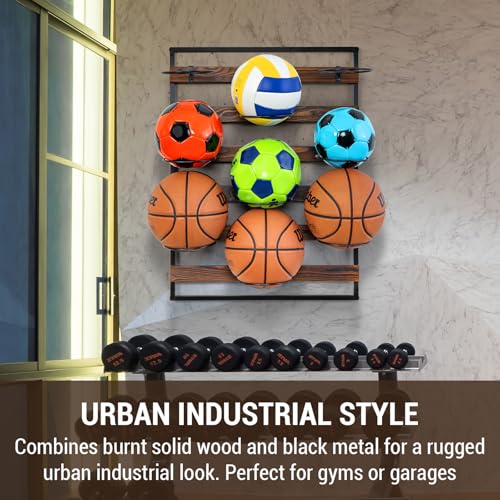 MyGift 9 Hook Industrial Black Metal and Rustic Burnt Solid Wood Wall Mounted Sports Balls Display, Gym or Garage Storage for Basketball Volleyball Soccer Ball Holder Rack