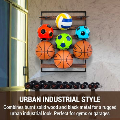 MyGift 9 Hook Industrial Black Metal and Rustic Burnt Solid Wood Wall Mounted Sports Balls Display, Gym or Garage Storage for Basketball Volleyball Soccer Ball Holder Rack