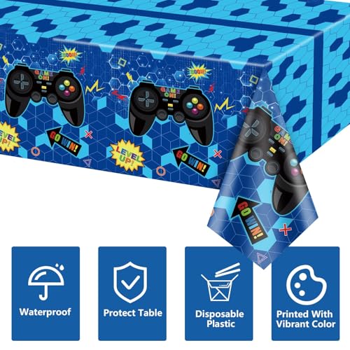 4 Pcs Blue Video Game Tablecloths, 51" x 86", Plastic, Rectangular, Tablecloths for Boys Kids' Teens Parties - color: Blue