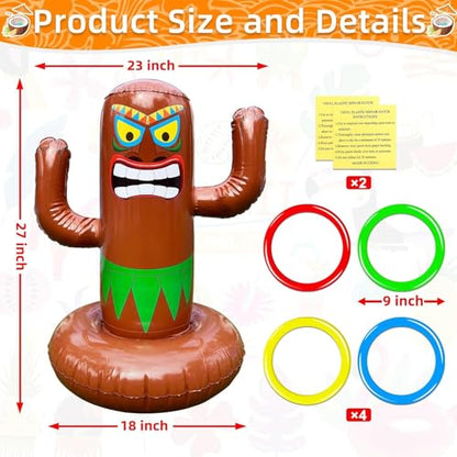 27" Inflatable Luau Tiki Pool Toss Games, Tiki Pool Ring Toss Toys with 4 Rings for Adults Indoor Outdoor Tropical Summer Swimming Inflatable Bean Bags Toss Hawaiian Luau Party Supplies - color: Inflatable Tiki Pool Ring Toss