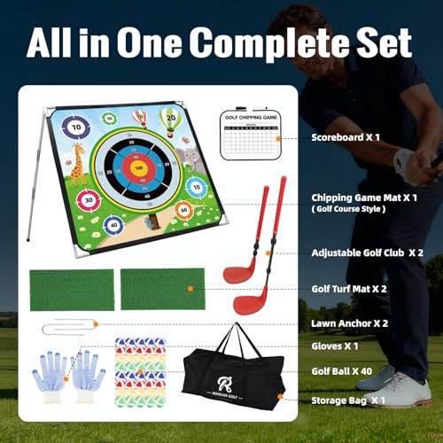 Roykaw Battle Golf Chipping Game with Turf Mat,Golf Clubs,Scoreboard,Golf Course/Cartoon Game Set for Fun Chipping Practice, 70.8 x 70.8 Inches,Reinforced Adjustable Stand, Easy to Carry & Storage - style: Cartoon