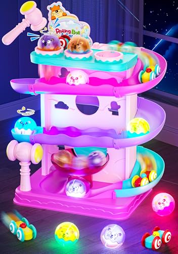 Funwee 2-in-1 Light Up Rolling Ball & Racing Car Ramp Toddler Toy, Race Track Hammer Ball Drop Toys, Interactive Montessori Learning Game for Kids 1-5+ Year Old Girl Boy Gift(Pink) - color: Pink
