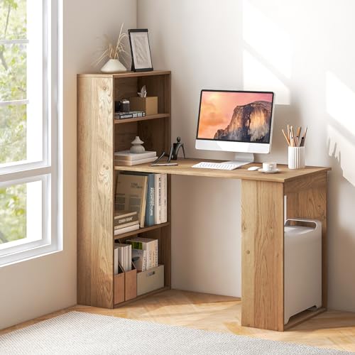 MEDIMALL Bookshelf Cabinet 3 in 1 Functional Table, Compact Workstation with Storage Shelf and CPU Holder Computer Desk Bookcase, Natural