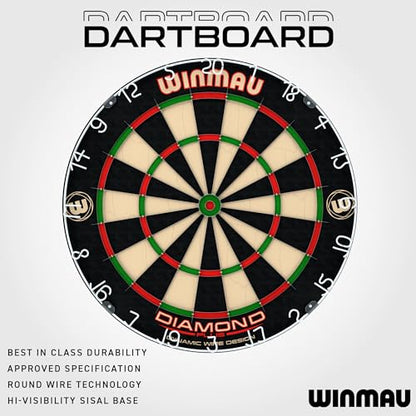 WINMAU Diamond Plus Dartboard - PDC Tournament Dart Board with High-Density Sisal & Reduced Bounce-Out Wiring - Available as Board Only, Surround Set or Cabinet Set with Steel Tip Darts