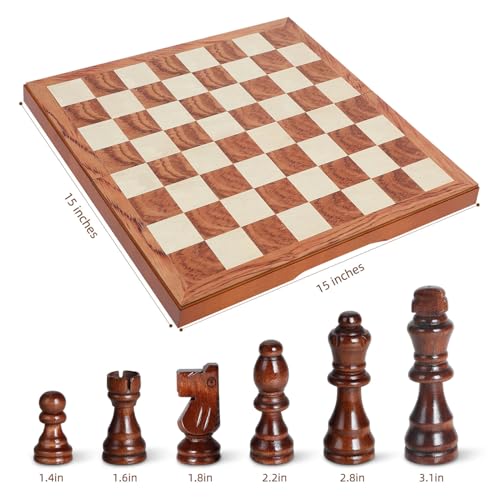 FanVince Chess Set 15" Wooden Board Game - Wood Sets with 2 Storage Bags and 2 Extra Queens - Gifts Box for Men Dad - color: Rosewood Texture